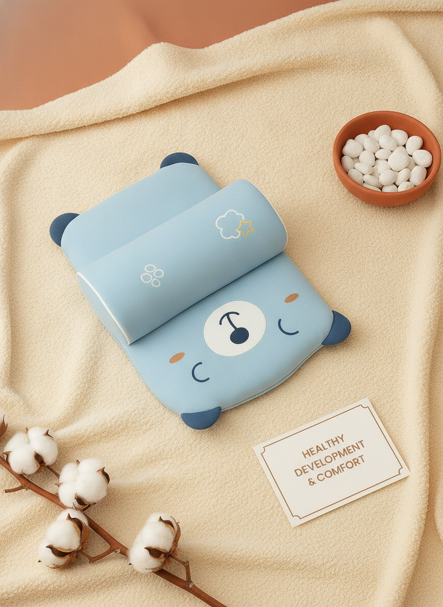 Close-up of a premium baby head shaping pillow on a cream fabric, showing its soft texture and adjustable side rollers, with 