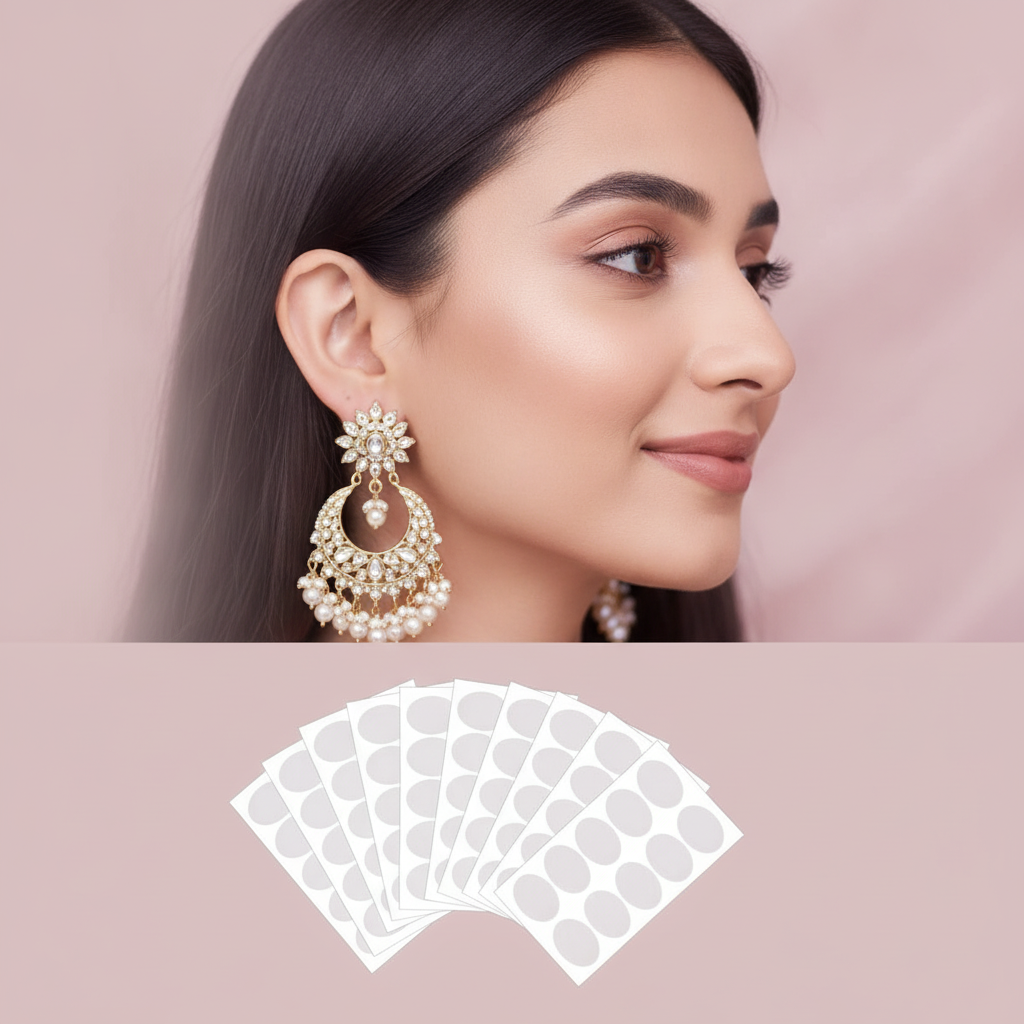 Several invisible earring support patches on a blush pink surface. A blurred South Asian woman wears large jhumka earrings co