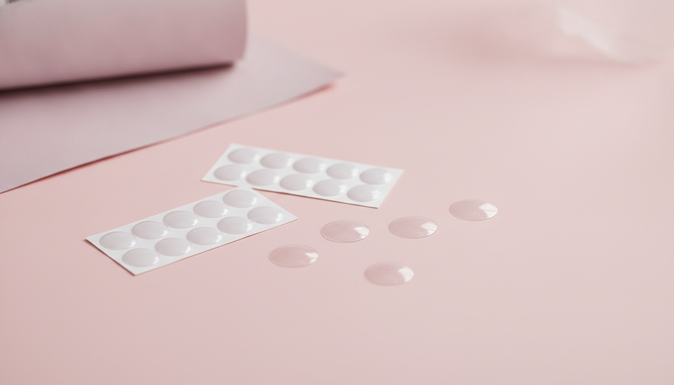 Multiple invisible earring support patches, some on backing sheets, others peeled off, arranged on a blush pink surface.