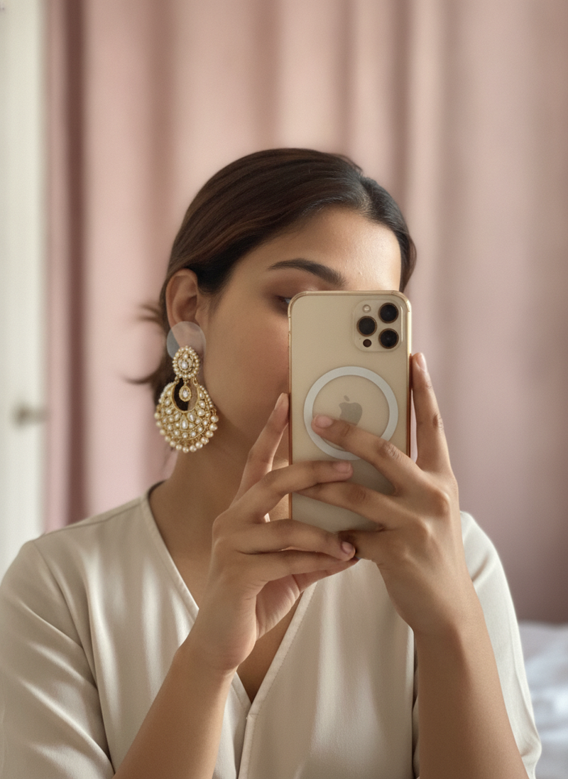 Close-up mirror selfie of a South Asian woman wearing a heavy Chandbali earring, perfectly upright due to invisible support p