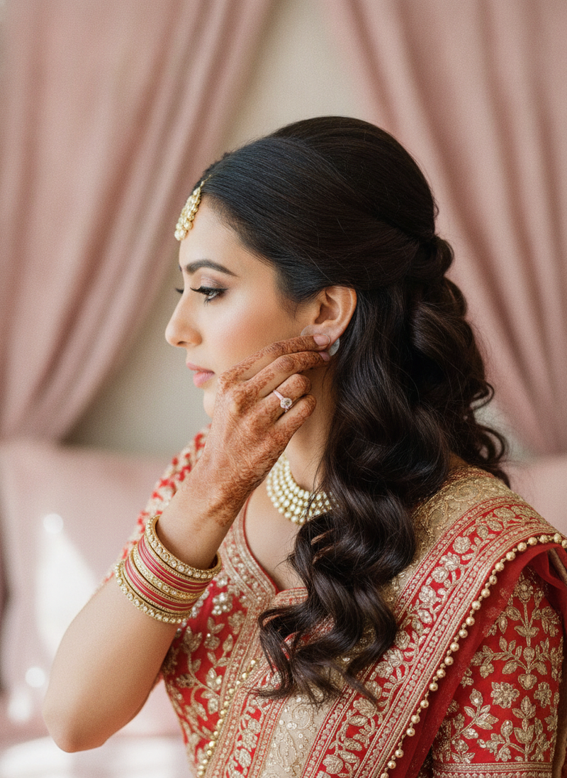 A South Asian bride in a lehenga applies a clear earring support patch behind her ear, captured in a candid, natural light po