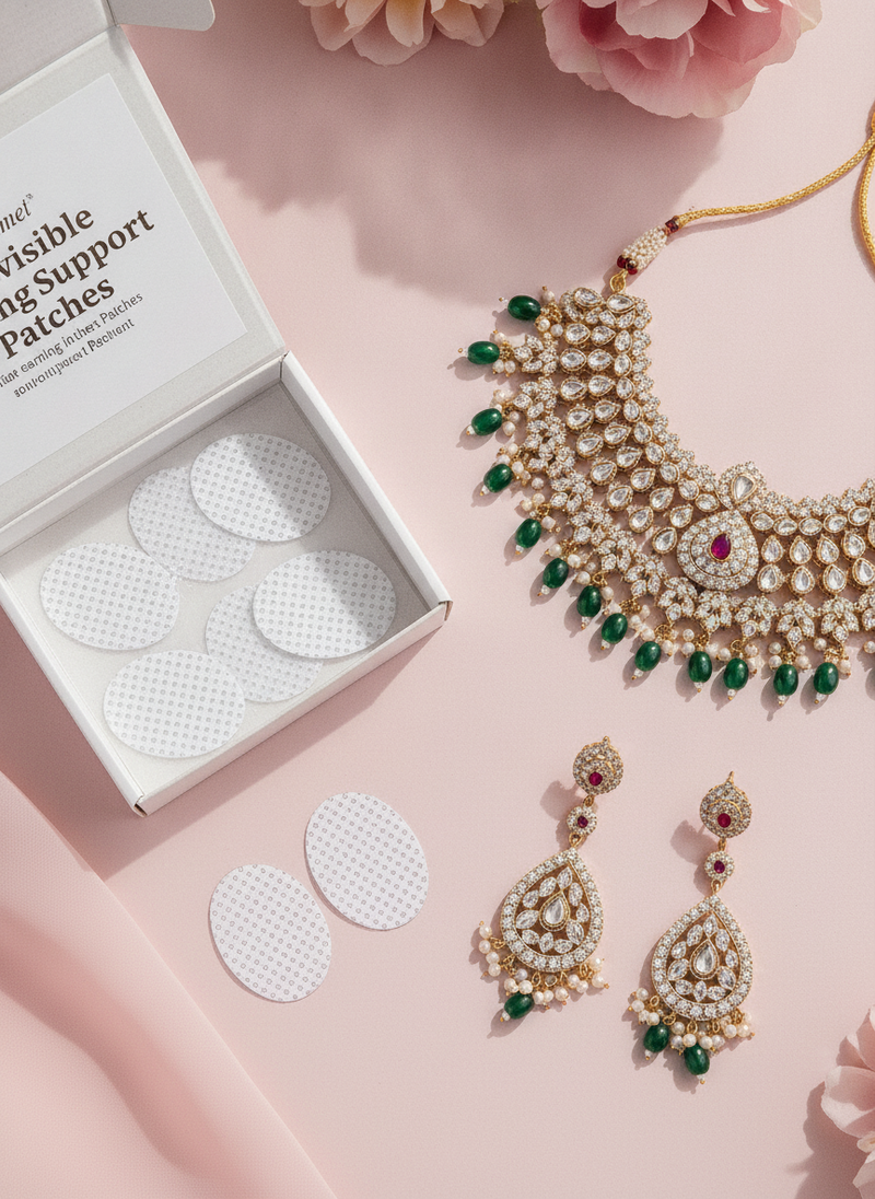 Flat lay of Invisible Earring Support Patches packaging next to a heavy, ornate traditional Indian jewelry set with earrings 