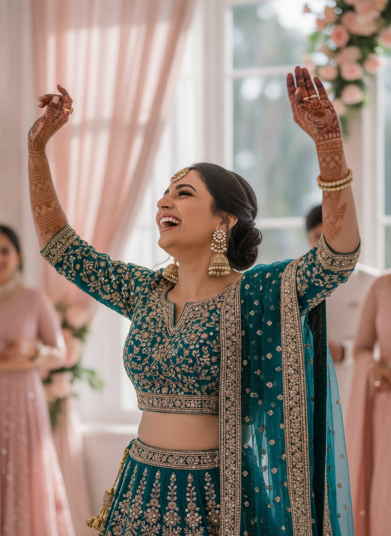 A South Asian woman dances at a Pune wedding reception, her large earrings perfectly still and supported.