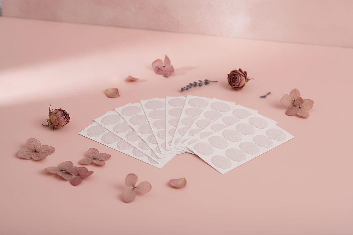 Close-up of invisible earring support patches on a blush pink surface, surrounded by dusty rose and pale mauve floral element